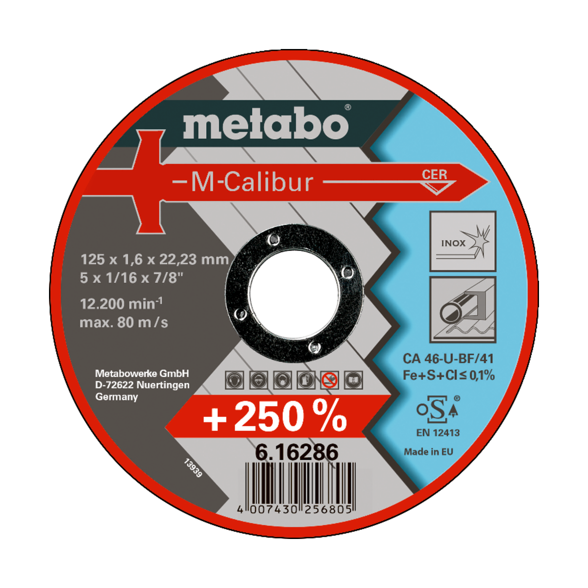DISCO DE CORTE M-CALIBUR 125 X 1.6 X 22.23 INOX, TF 41 - METABO
