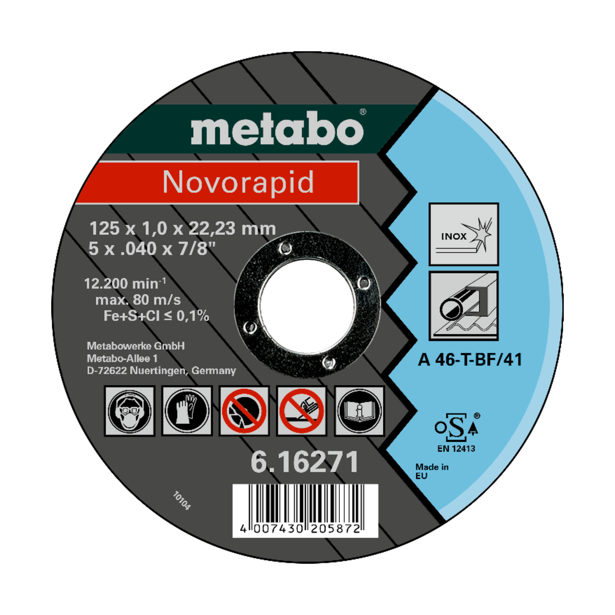 DISCO DE CORTE NOVORAPID 125X1.0X22.23 INOX, TF 41 - METABO