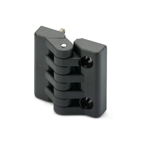 DOBRADIÇA EM TECNOPOLÍMERO MODELO CFA-P-CH. COM INSERTO MACHO ROSCADO EM AÇO CARBONO + FURO PASSANTE PARA PARAFUSO CABEÇA CILIND